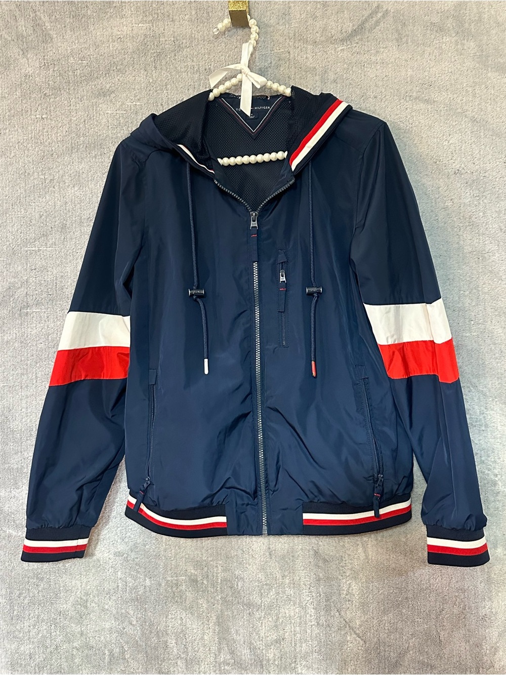 Tommy Hilfiger Navy Hooded Windbreaker with Red & White Stripes